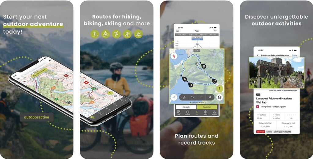 Hike Smart – Your Ultimate Guide to the Best Hiking Apps Screenshots of Outdooractive showing how you can plan routes and record tracks and also discover other outdoor activities.