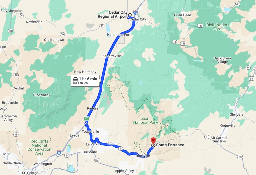 Ultimate Guide – Closest Airports To Zion National Park Map: Route from Zion National Park to Cedar City Regional Airport, displaying the driving directions and distance between the two locations.