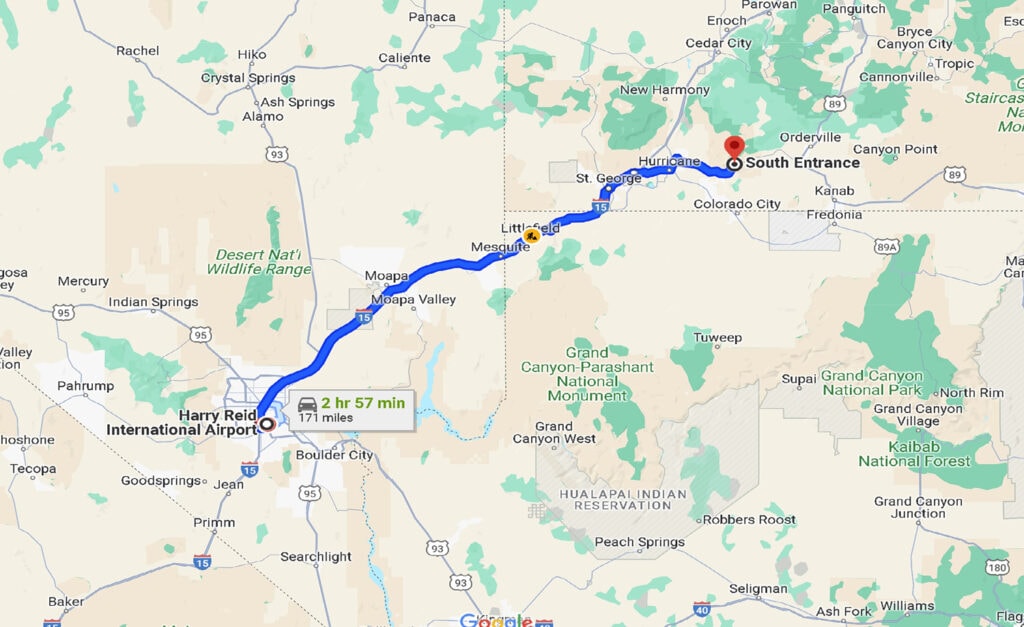 Ultimate Guide – Closest Airports To Zion National Park MAP: driving route from Harry Reid International Airport to Zion National Park