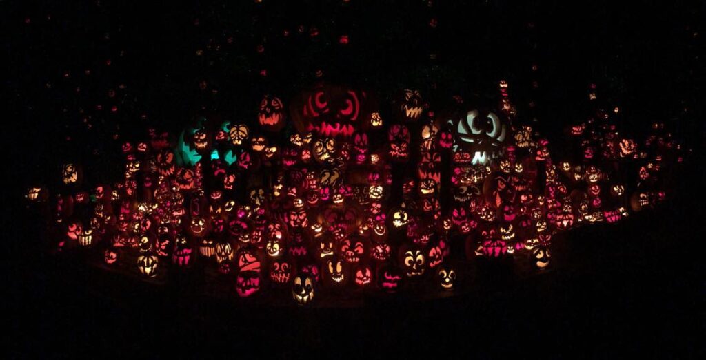 Your Guide to The Louisville Jack O’ Lantern Spectacular Tons of funny face Jack O' Lanterns carefully piled in a group along the pumpkin trail.
