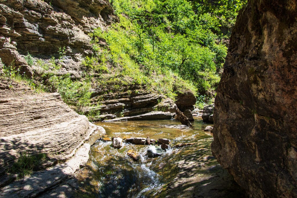 Your Ultimate Guide To Hiking Devil’s Bathtub SD Breathtaking view of Spearfish Canyon's creek, flanked by a towering canyon wall. The tranquil waters flow amidst the stunning natural beauty of the Devil's Bathtub trail in South Dakota.