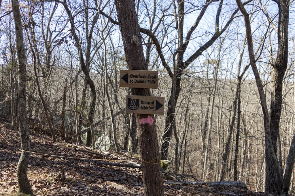 Hiking Desoto Falls? Here’s What You Need to Know Wooden trail marker signs nailed to the trees marking your way through the forest to the base of desoto falls.