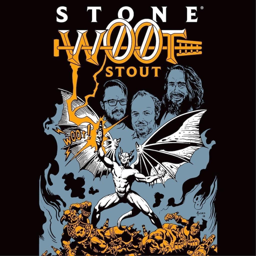 Bold Stone Hoof Stout logo with artistic band portraits and a devil-like creature amid bottles and wreckage.