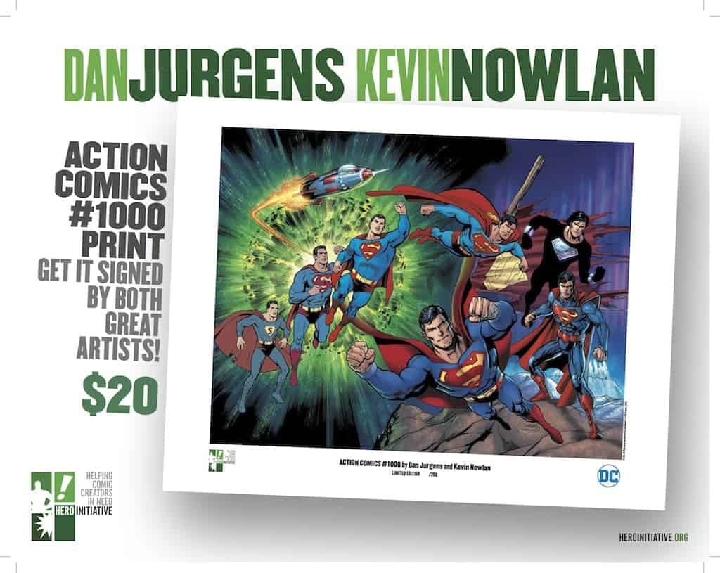 Superman action comic print featuring DC superheroes, signed by artists, collectible comic art piece.
