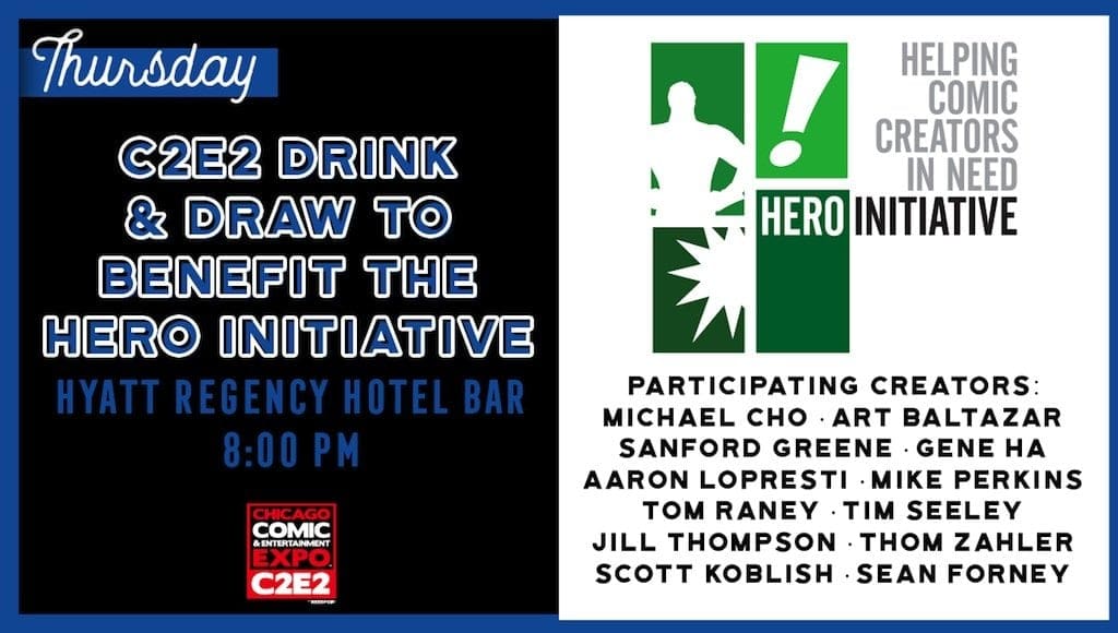 Charity event for comic creators benefiting the Hero Initiative at Hyatt Regency Hotel Bar.
