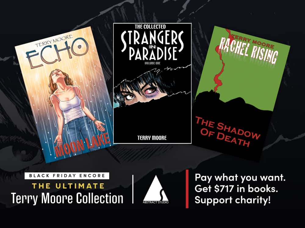 Comic book collection images with titles by Terry Moore, promoting charity.
