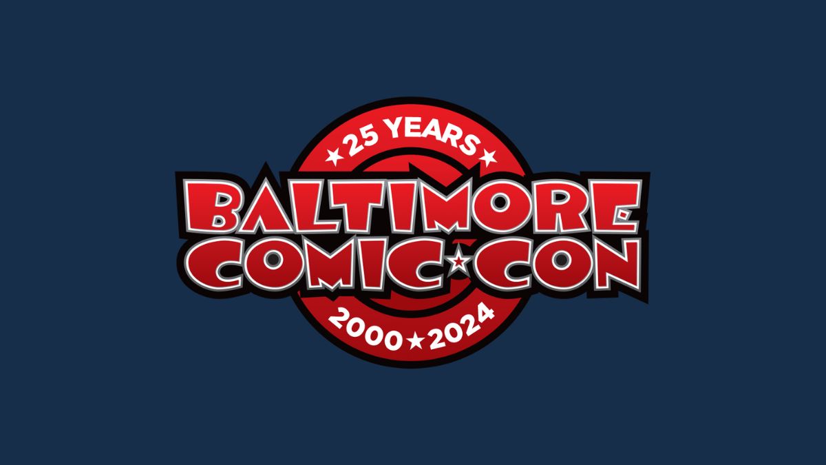 Colorful Baltimore Comic-Con emblem celebrating 25 years of comics and pop culture.