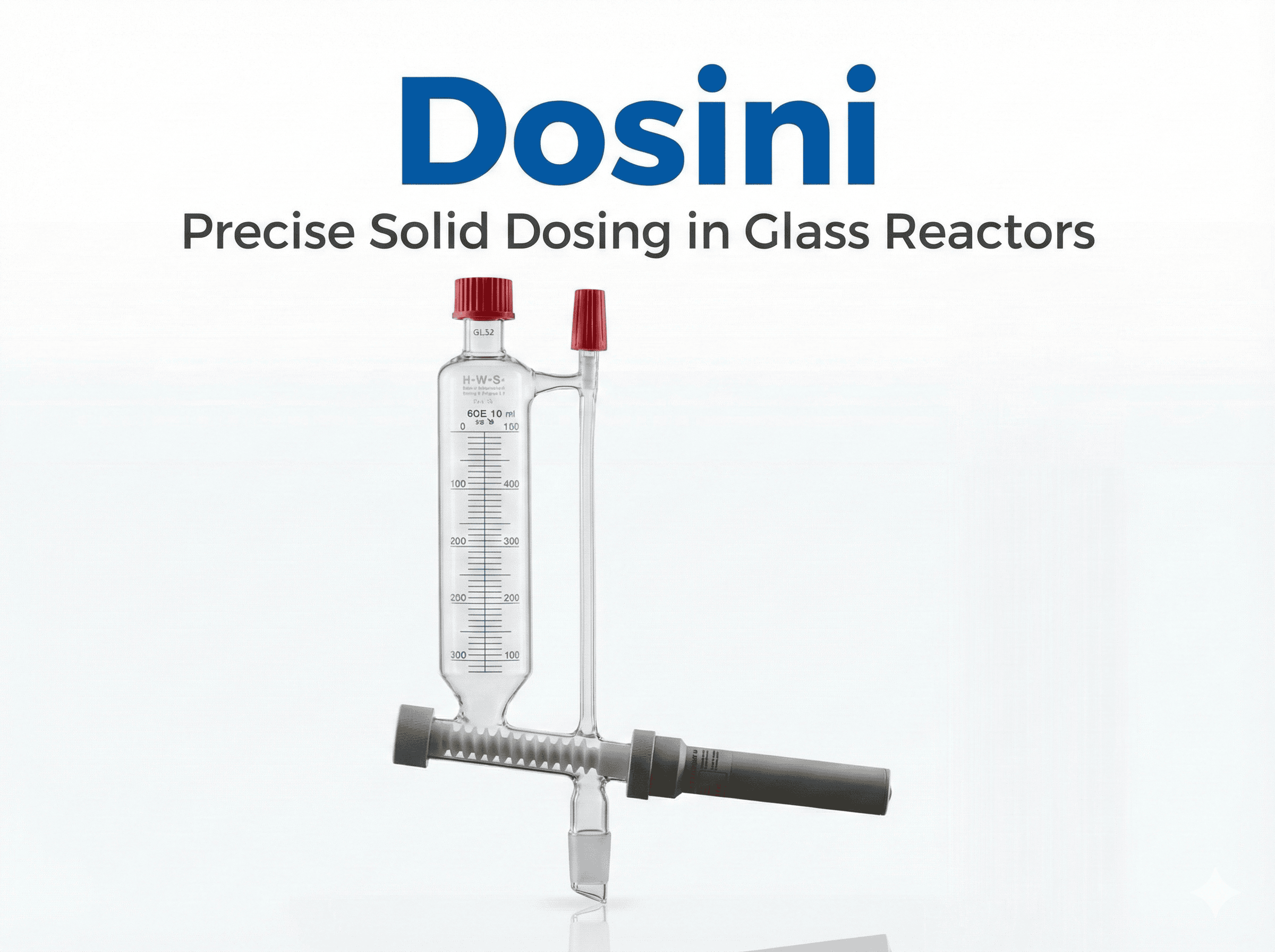 HWS dosini solid dosing unit mounted on a glass reactor