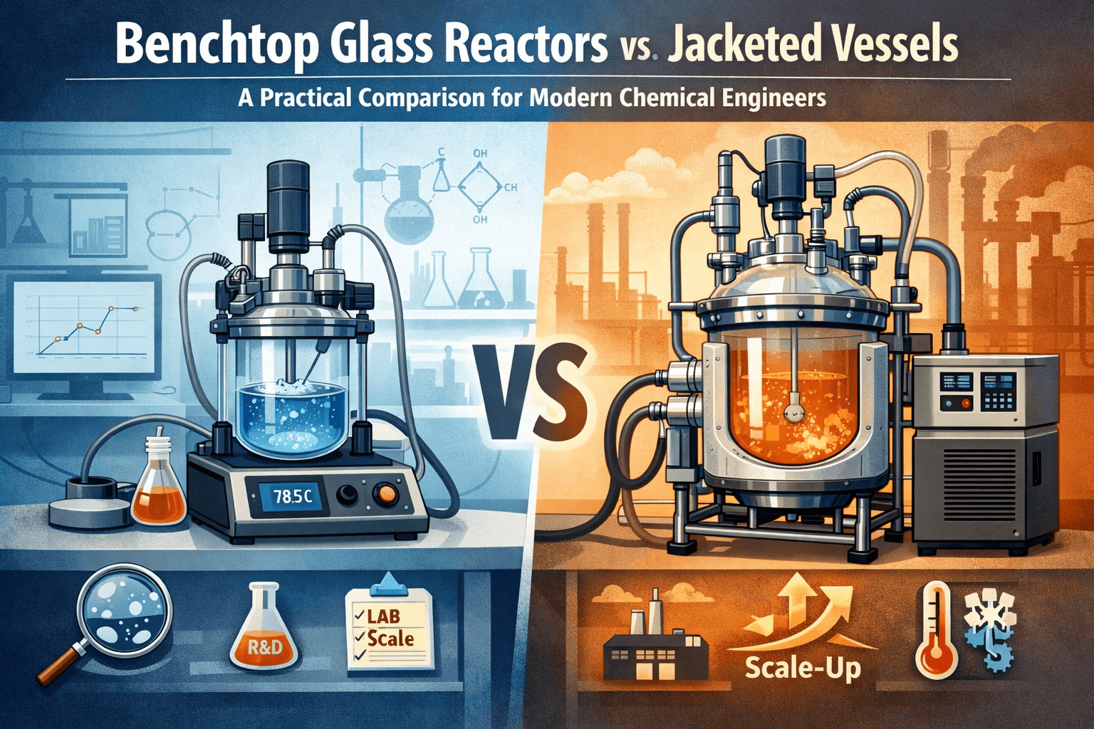Benchtop glass reactor compared side by side with a jacketed vessel