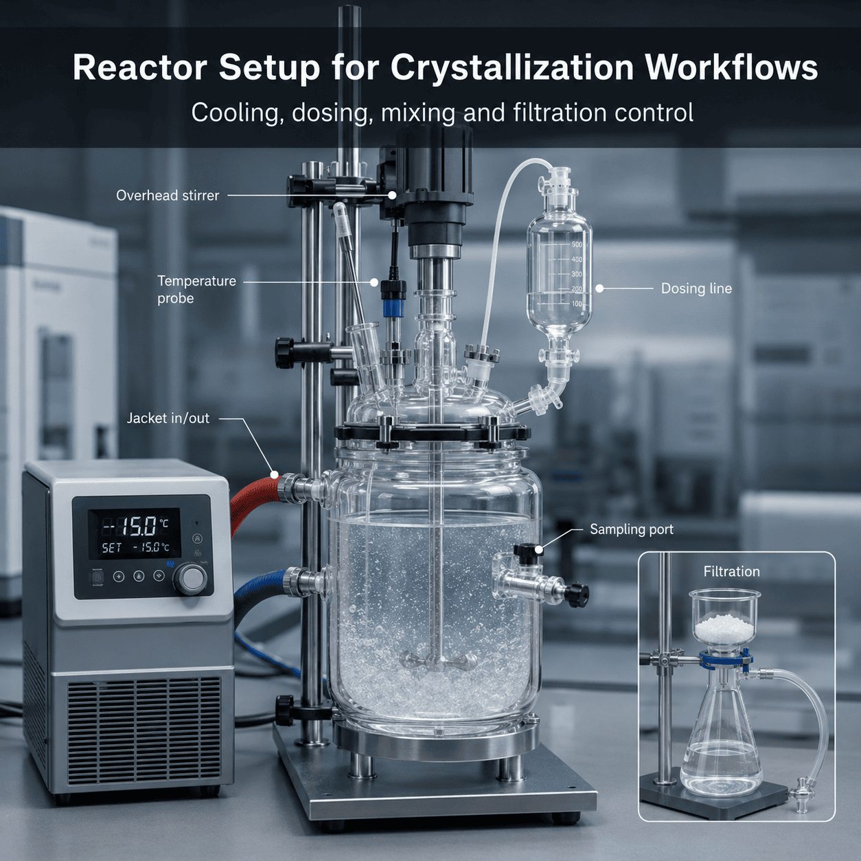 Laboratory glass reactor set up for crystallisation and controlled cooling