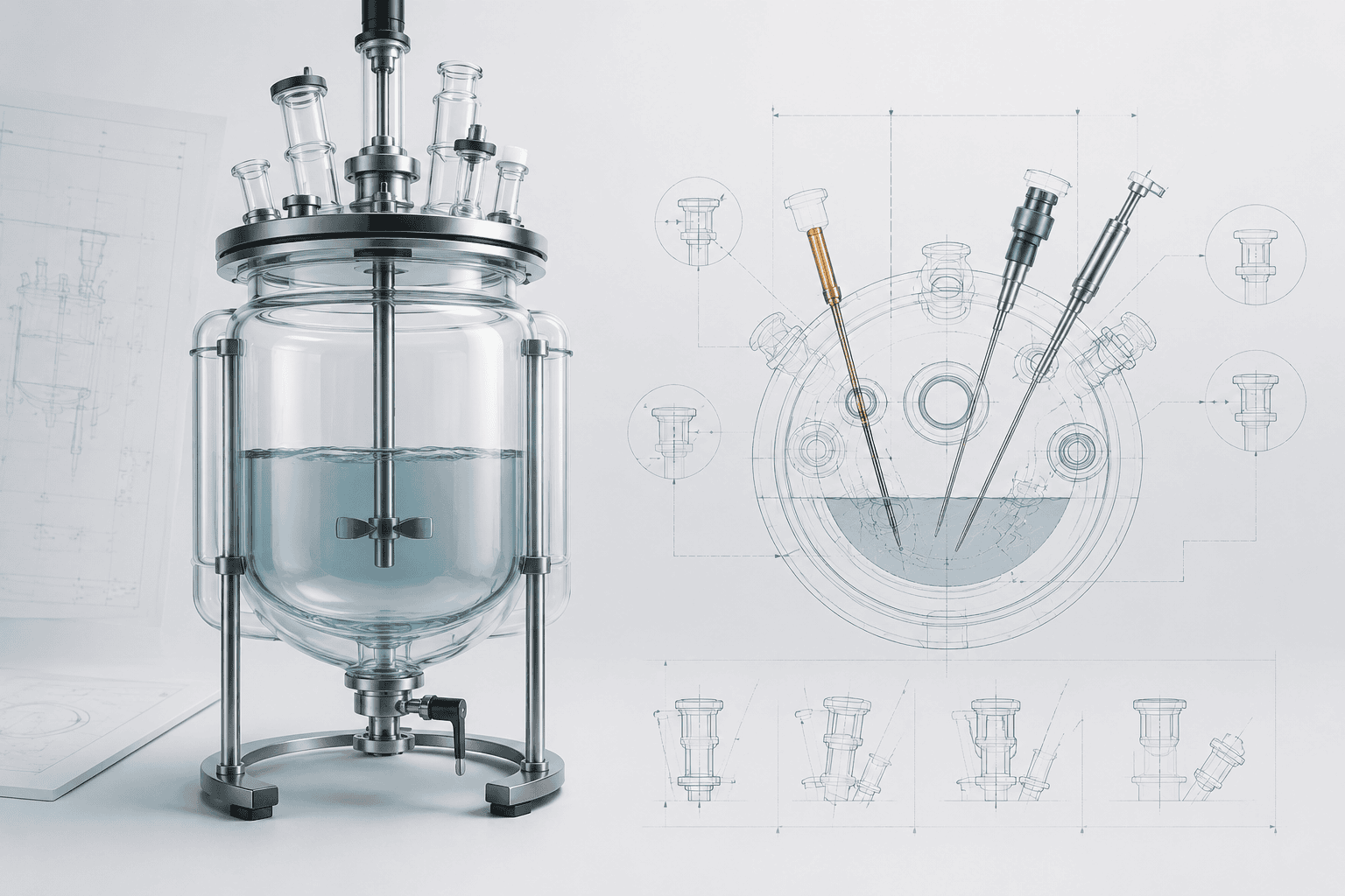 PAT-ready glass reactor with ports for inline process analytical probes