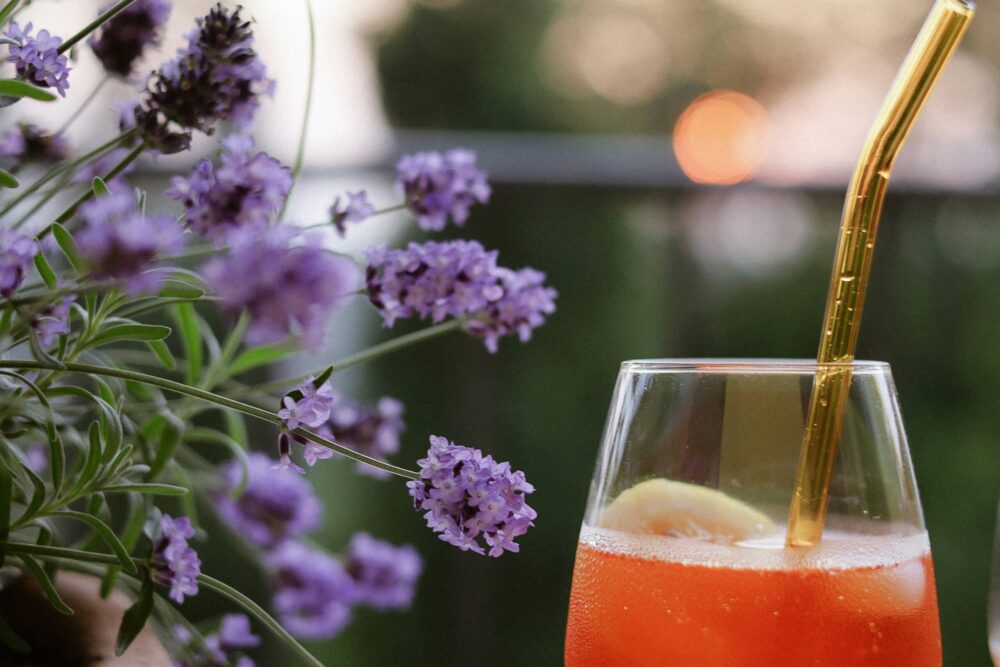 A drink and flowers