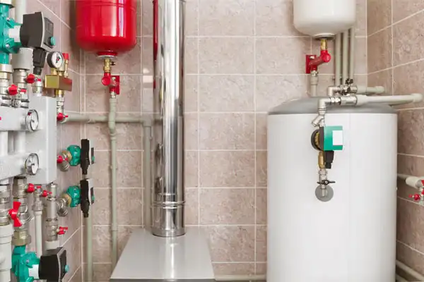 A Utility Room Features A Boiler And Water Heater, Accompanied By Pressure Tanks And Pipes Against A Tiled Wall.