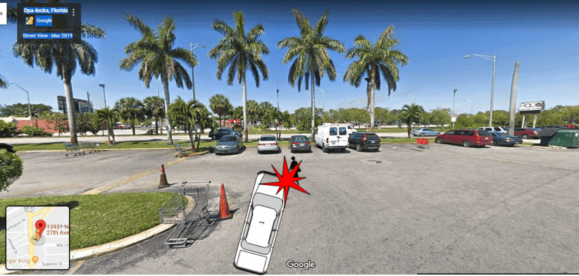 Google maps re-enactment car hit pedestrian image in parking lot