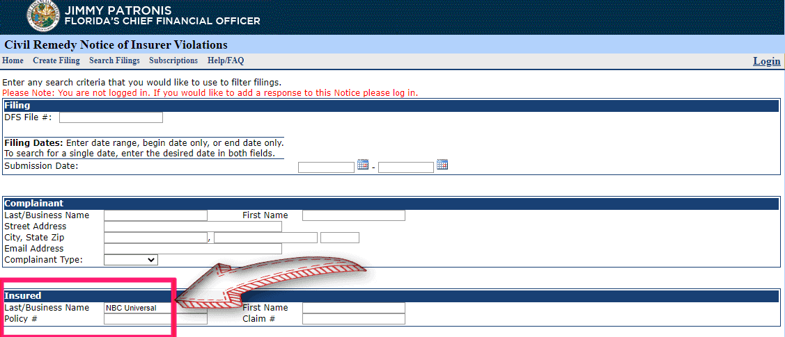 NBC Universal in the insured field in CRN search with pointing arrow