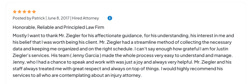 Motorcycle accident client Patrick’s Avvo review praising Justin Ziegler’s legal guidance, organized process, and respectful team. $50,000 settlement.