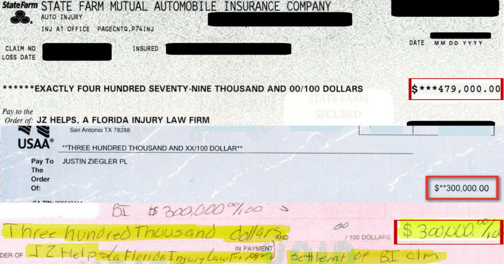 A collage of three real Florida car accident settlement checks totaling over $1 million dollars from GEICO, State Farm and USAA, recovered by Justin Ziegler, P.L. (JZ Helps - a Florida injury law firm).