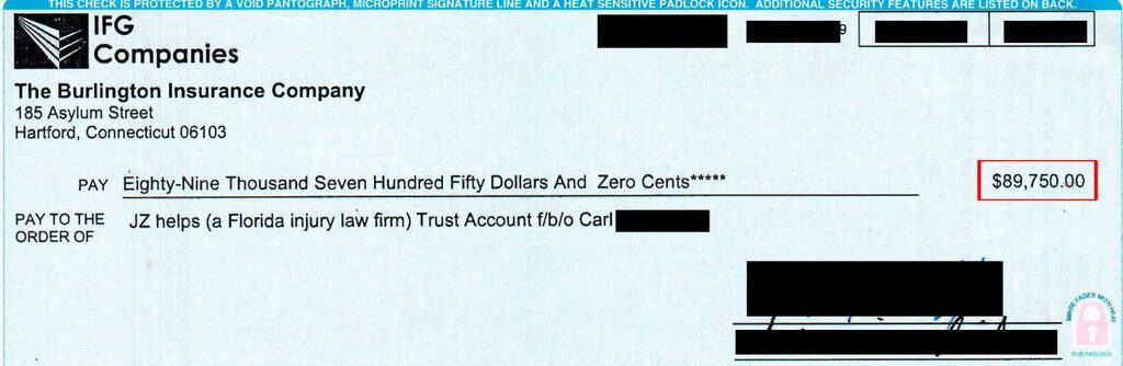check to JZ helps (a Florida injury law firm) for $89,750