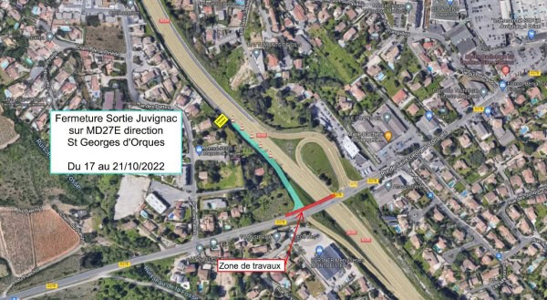 Fermeture Sortie Juvignac sur MD27E direction Saint-Georges d'Orques du 17 au 21/10/2022