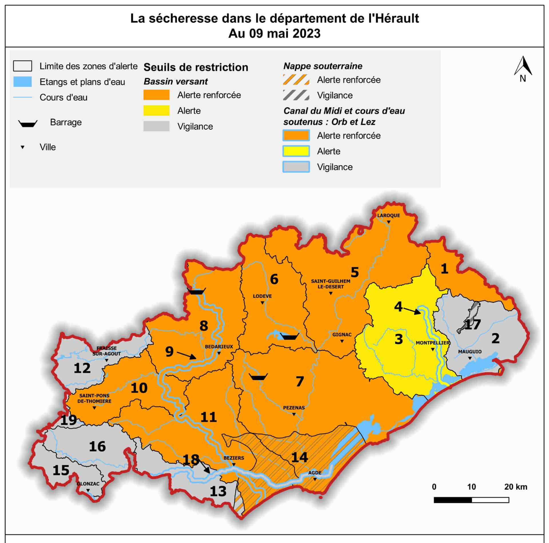 Carte sécheresse dans l'Hérault au 9 mai 2023