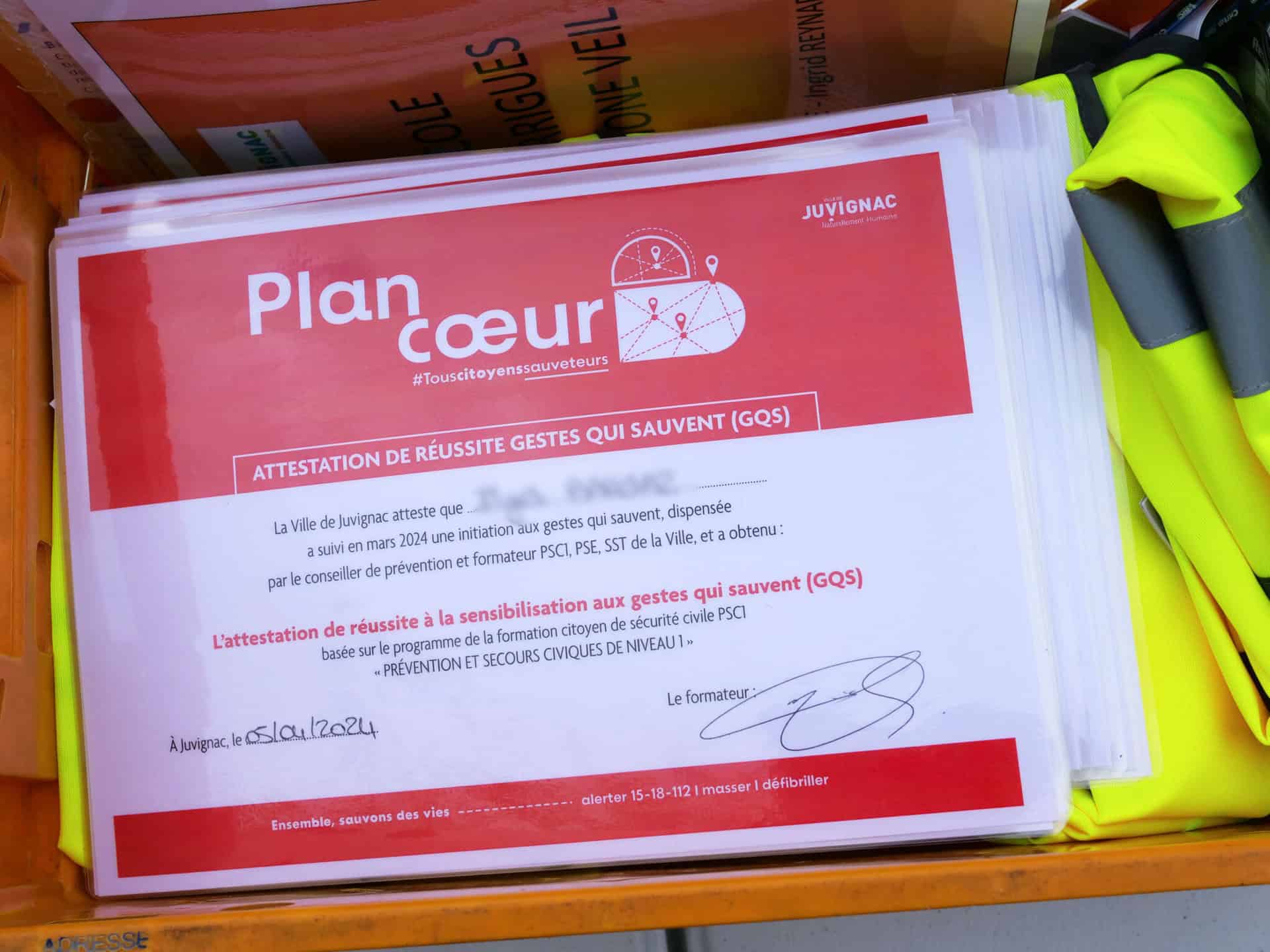Diplôme d'apprenti sauveteur distribué par la Ville de Juvignac