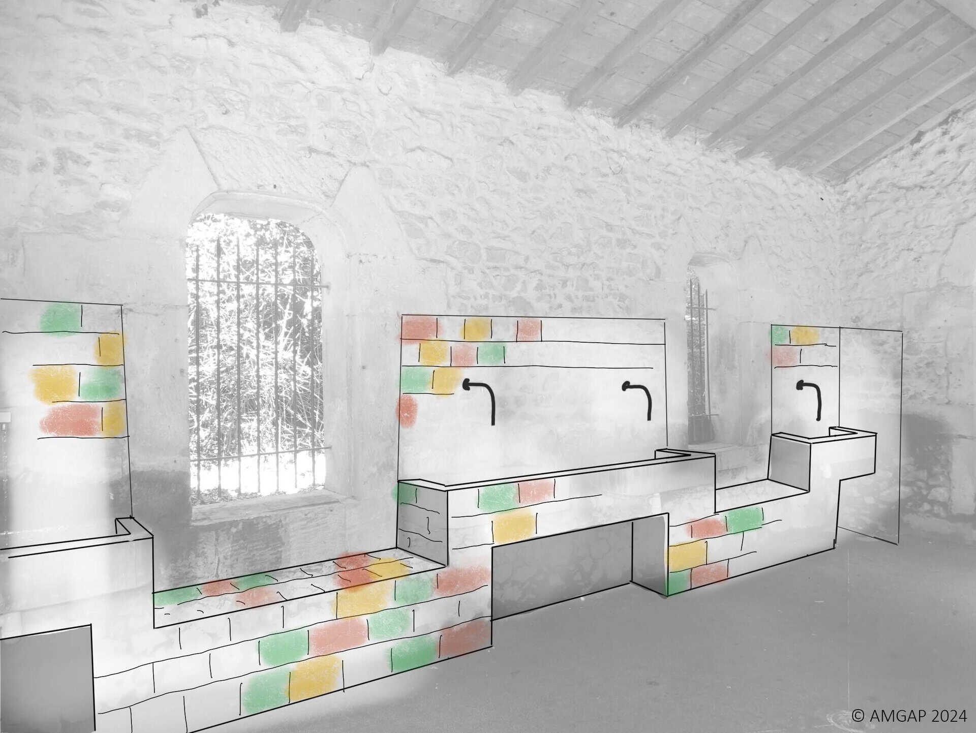 Croquis de l'aménagement d'une crédence inspirée des anciennes cuves indiennes