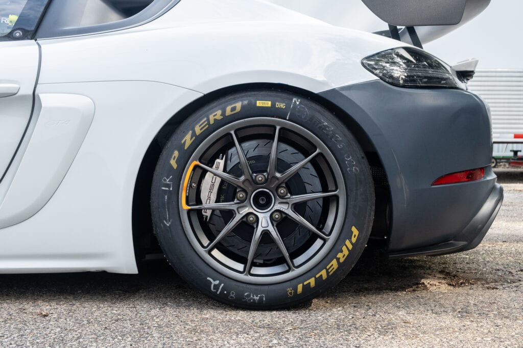 Close-up of racing wheel on Kellymoss 2023 GT4 Clubsport RS.