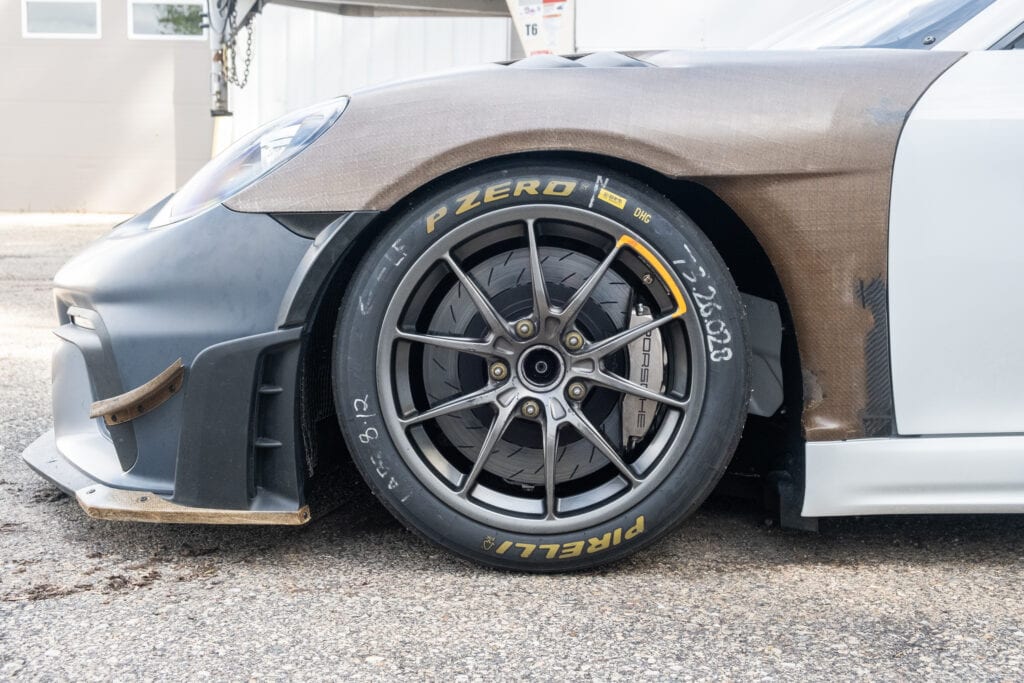 Close-up of racing wheel and tire on a 2023 GT4 Clubsport RS.
