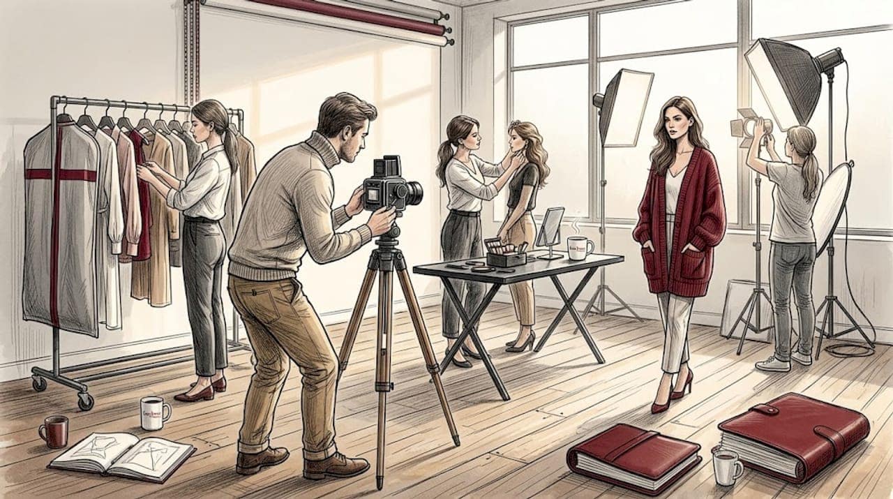Fashion photography team collaborating in studio