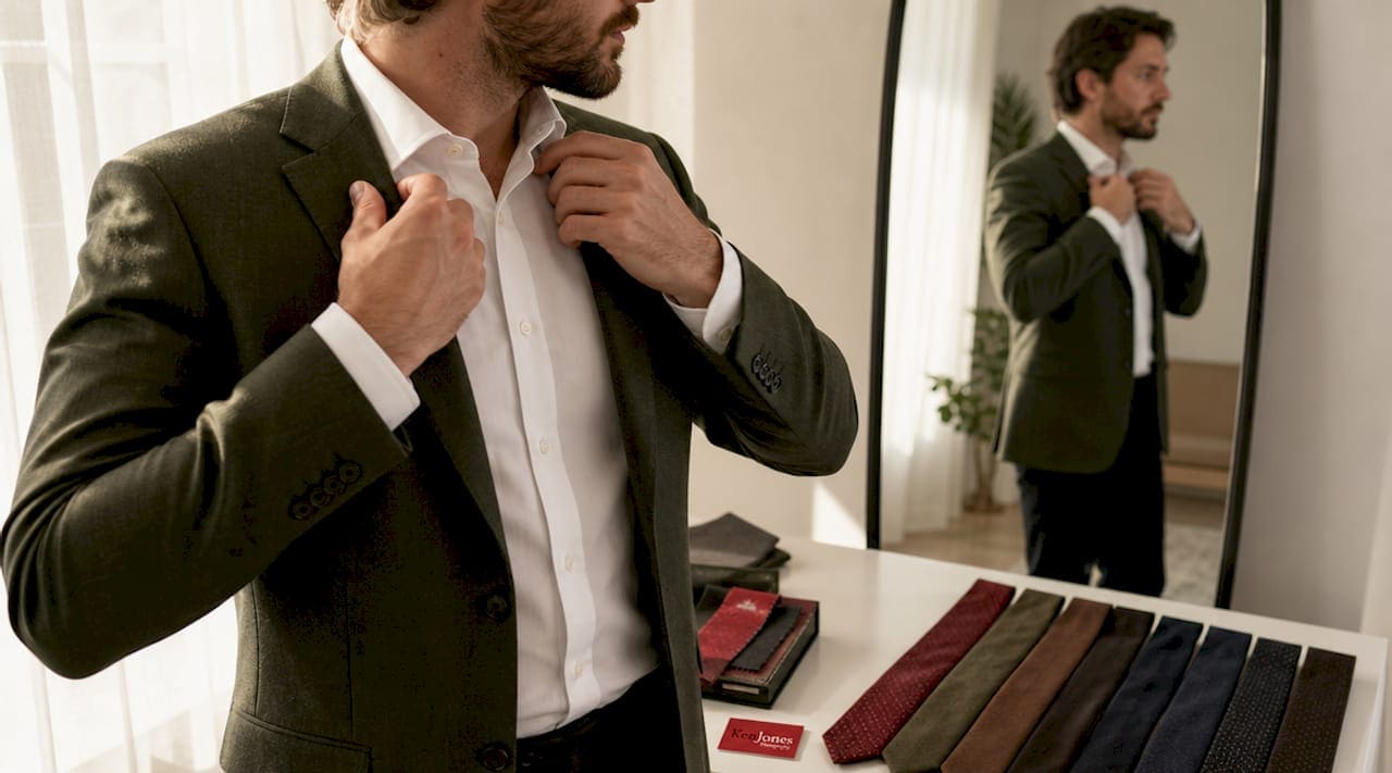 Man adjusting navy blazer cuff at desk