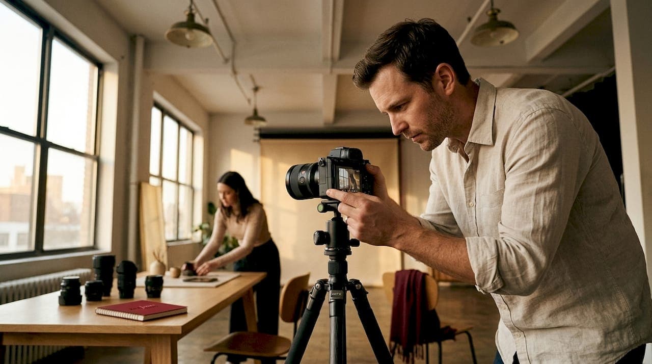 Photographer preparing business portrait session in studio