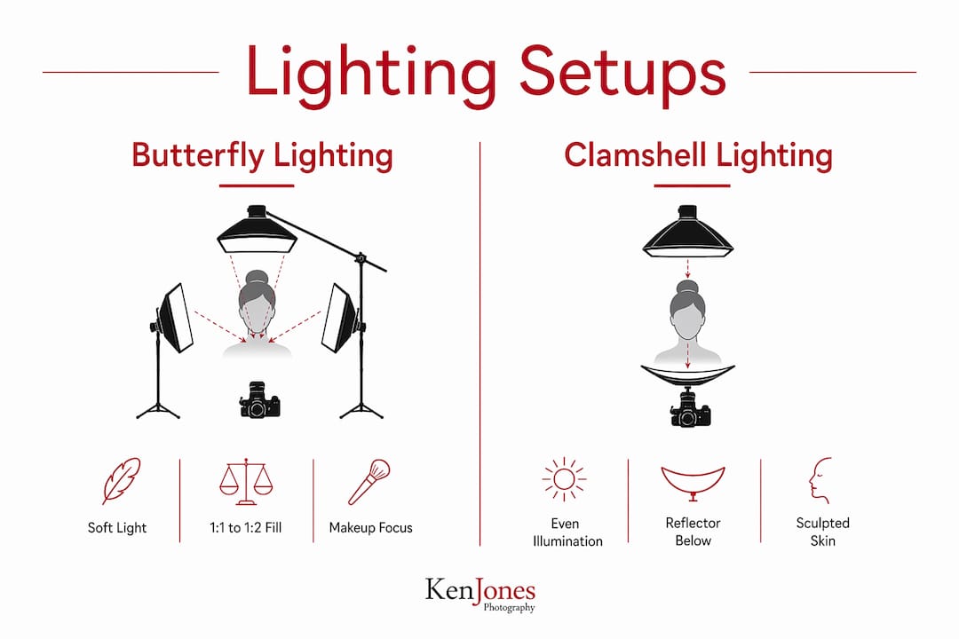 Infographic comparing butterfly and clamshell lighting in beauty photography