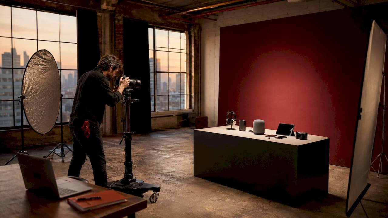 Photographer adjusting camera during product shoot
