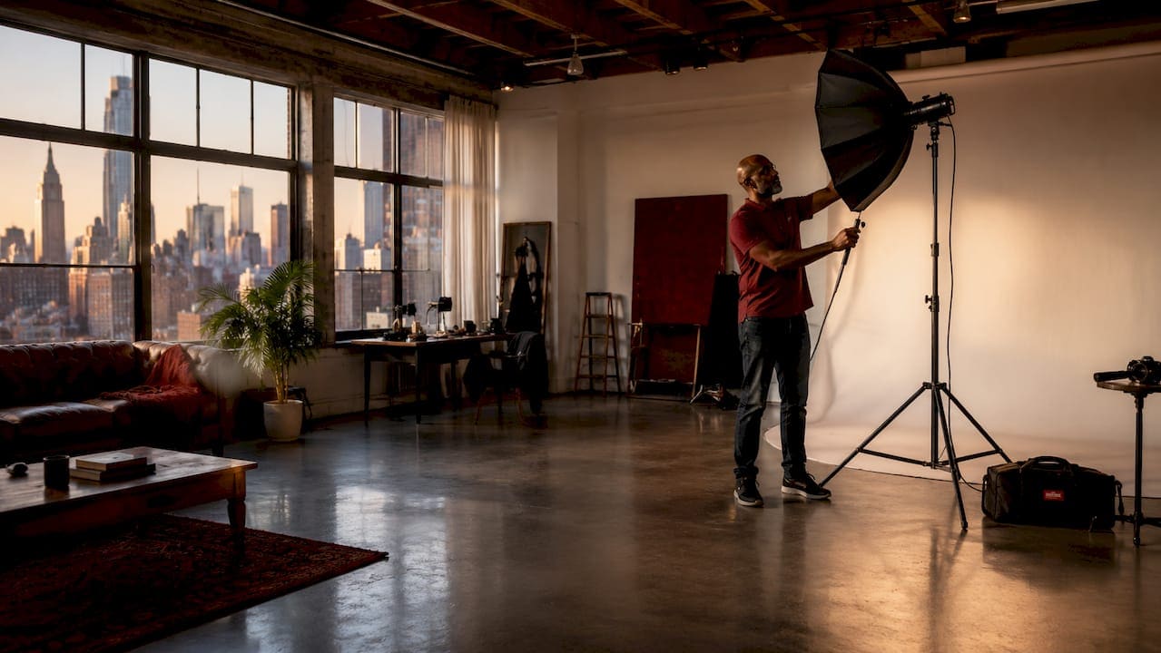Photographer adjusting lights in Manhattan studio