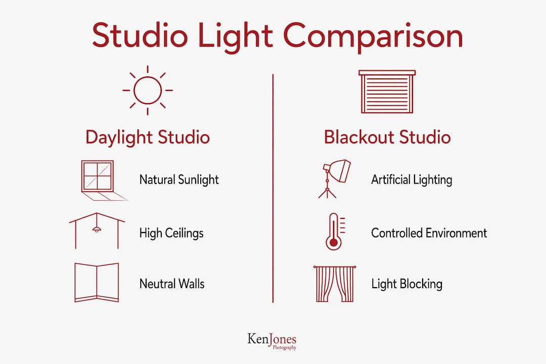 Infographic comparing daylight and blackout studios