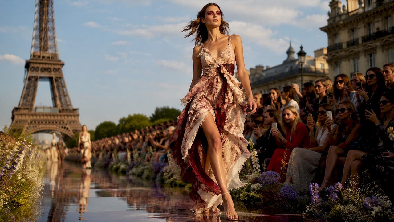 Female model walking runway in couture outfit