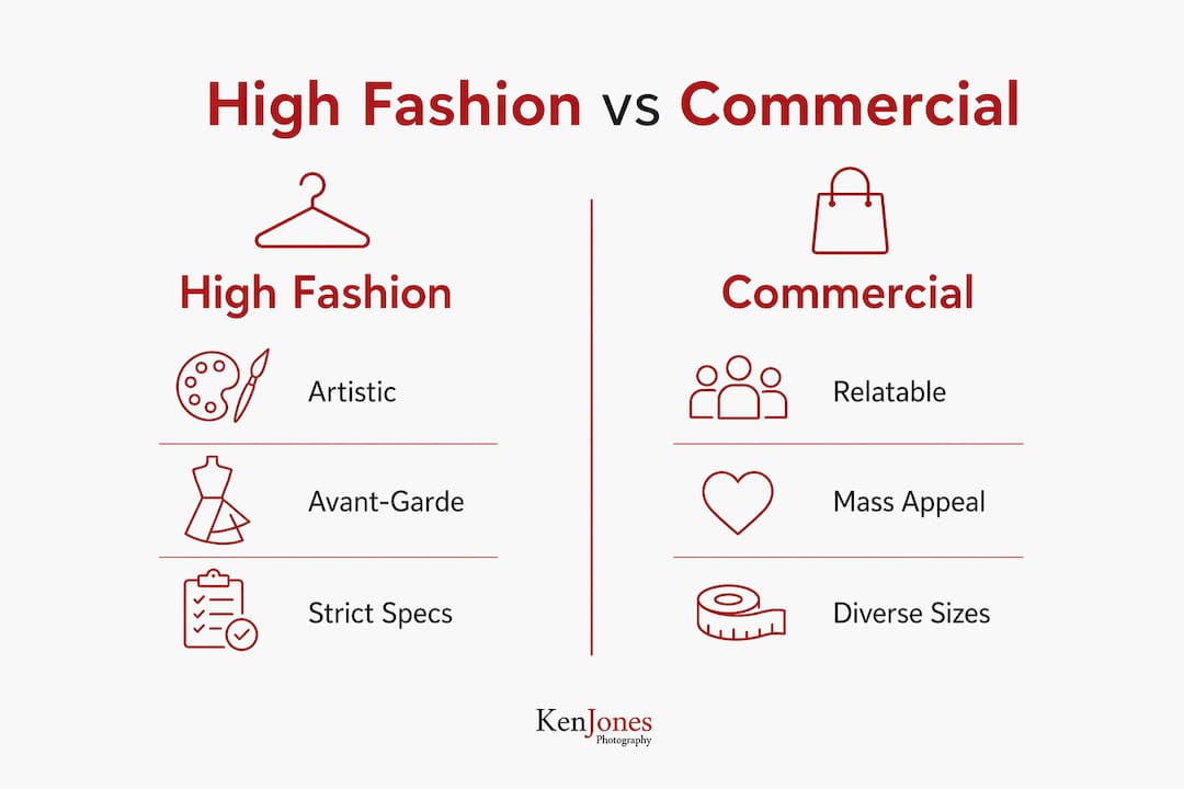 Infographic comparing high fashion and commercial modeling