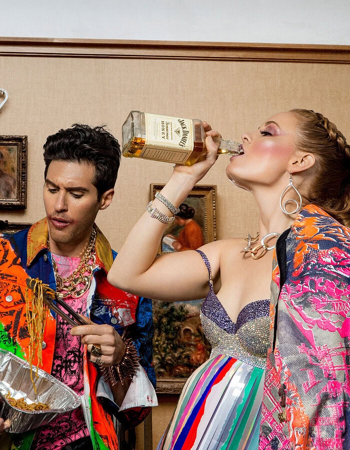 Fashion photo-essay inspired by fairy tales with models drinking and posing stylishly.