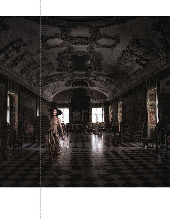 Elegant woman in historic palace interior with ornate ceiling and checkered floor. photographer NYC