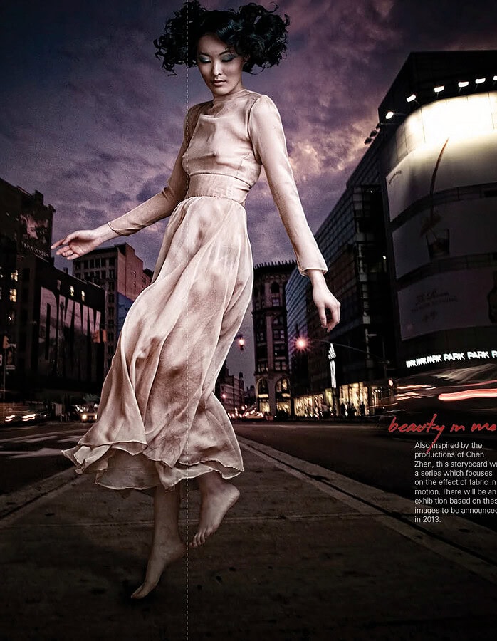 Fashion model in flowing dress walking in urban cityscape at dusk. photographer NYC