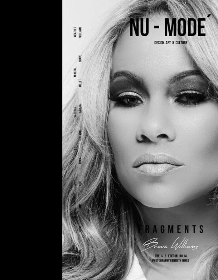 NU-MODE magazine cover spread featuring a black-and-white close-up portrait of Brave Williams.