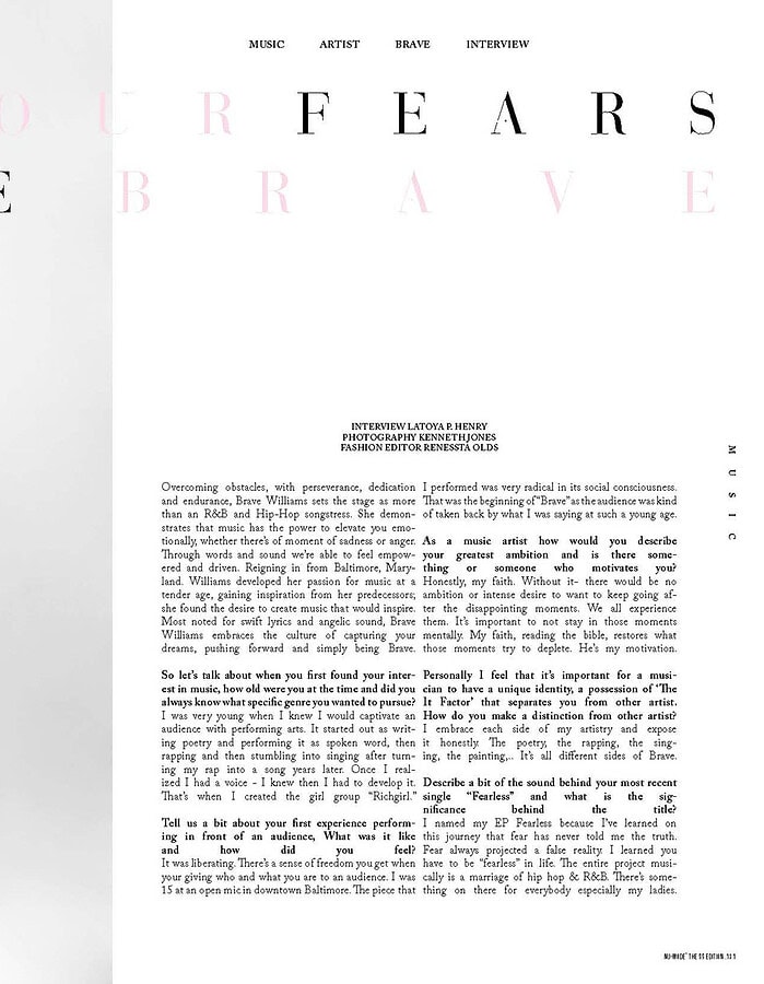 Magazine spread featuring Brave Williams in a white ensemble, with the headline "Defeat Your Fears and Be Brave" and an interview about her music career