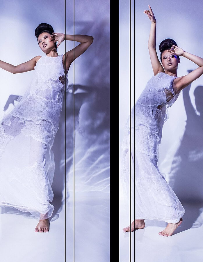 Three-panel fashion layout showing white, gray and dark blue sculptural knitwear designs.