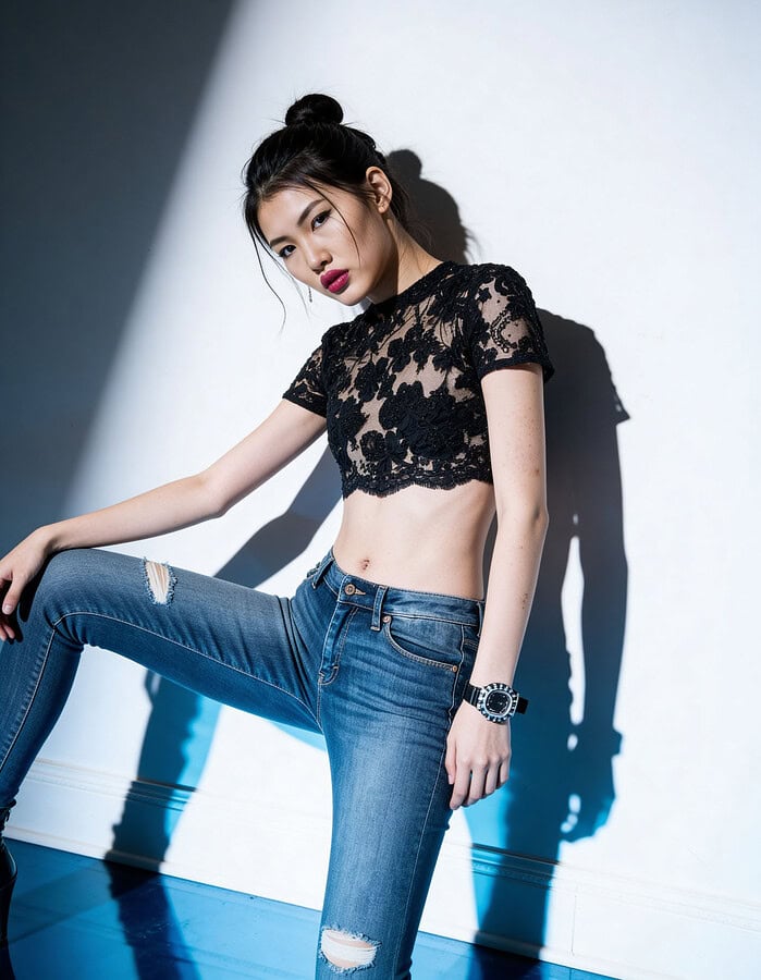 Fashion model in a black lace crop top and distressed jeans posing in hard light with a blue shadow.
