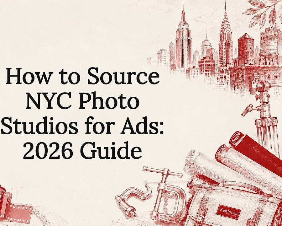 Decorative title card illustration with NYC photo studio tools