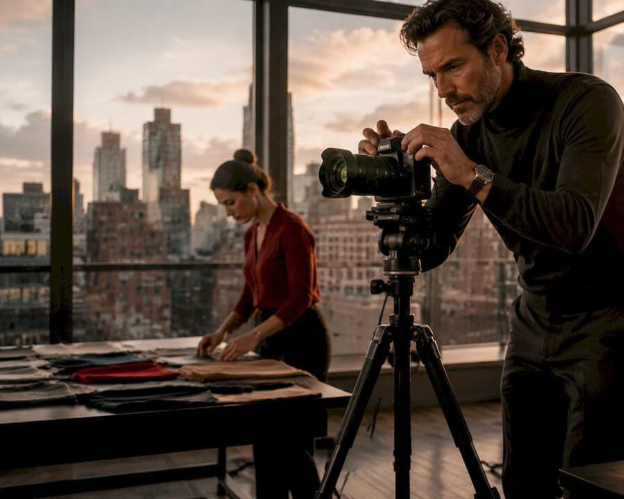 Photographer adjusting camera on advertising shoot set