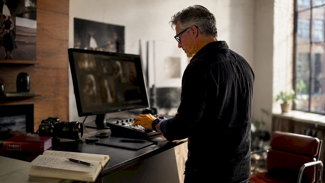 Experienced photographer editing photos in NYC studio