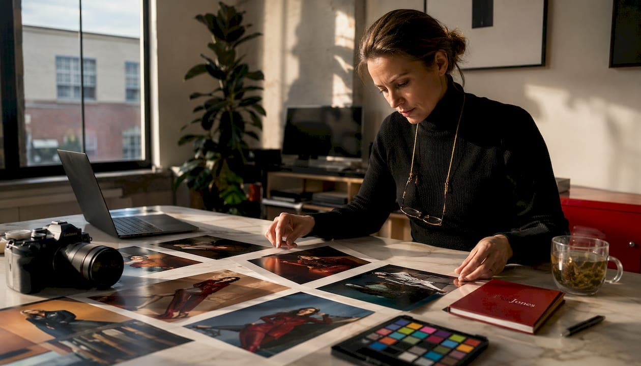 Photographer reviewing printed campaign photos