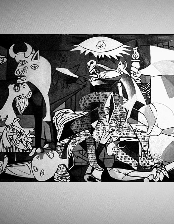 Reference image of Picasso’s Guernica composition showing the bull, horse, screaming figures, fragmented bodies, and black and white war imagery.