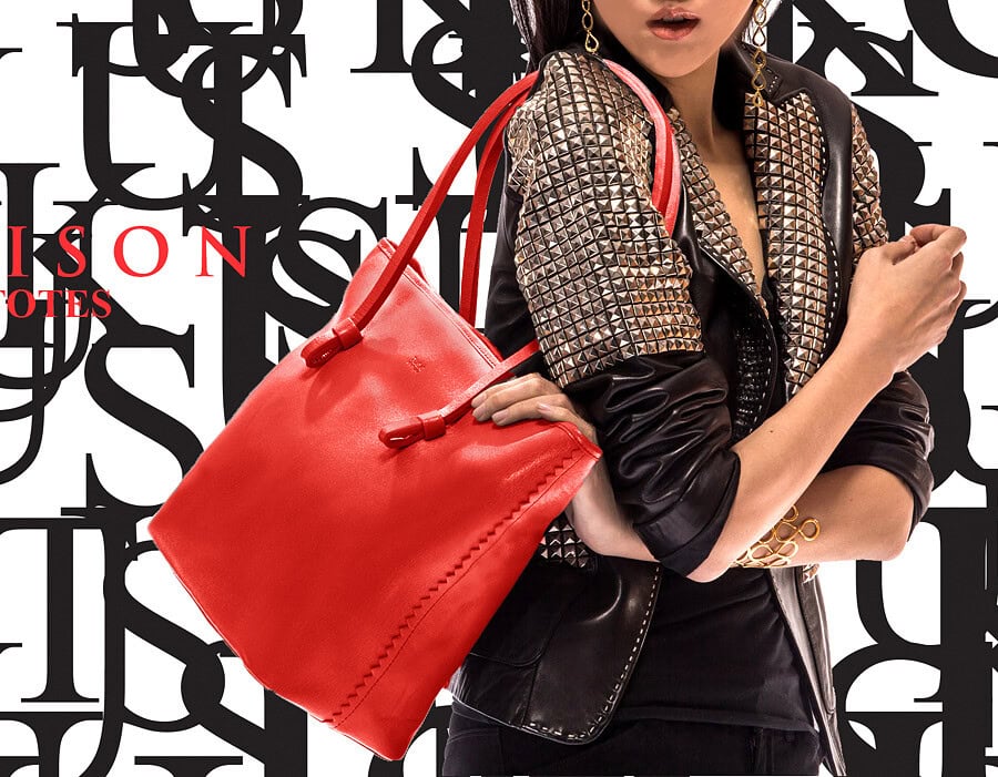 Fashion model holding a red leather tote bag against a graphic Madison City Totes layout.